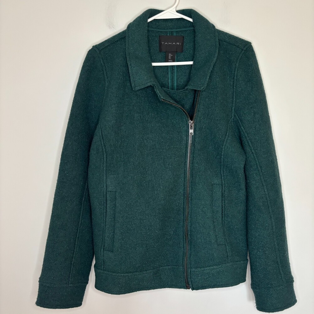 TAHARI Wool Blend Full Asymmetrical Zip Coat Womens L Green Pockets Long Sleeve